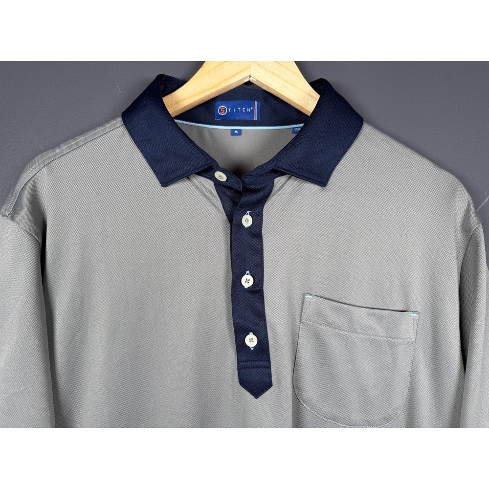 Stitch Golf Mens Medium Gray Performance Polo Shirt Navy Blue Collar
